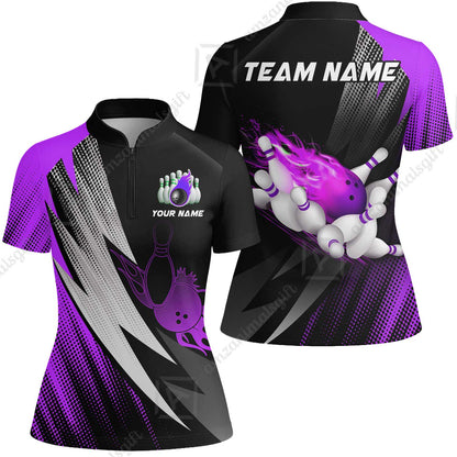 Customized Bowling Women Jersey Shirt, Bowling Ball And Pins Thunder Polka Dot Motifs Multicolor Option Customized Name And Team Polo Shirts