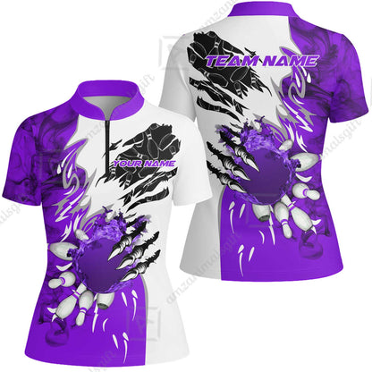 Customized Bowling Women Jersey Shirt, Bowling And Pins Plame Monster Hand Premium Multicolor Option Personalized Name And Team Zipper Polo Jerseys Shirts