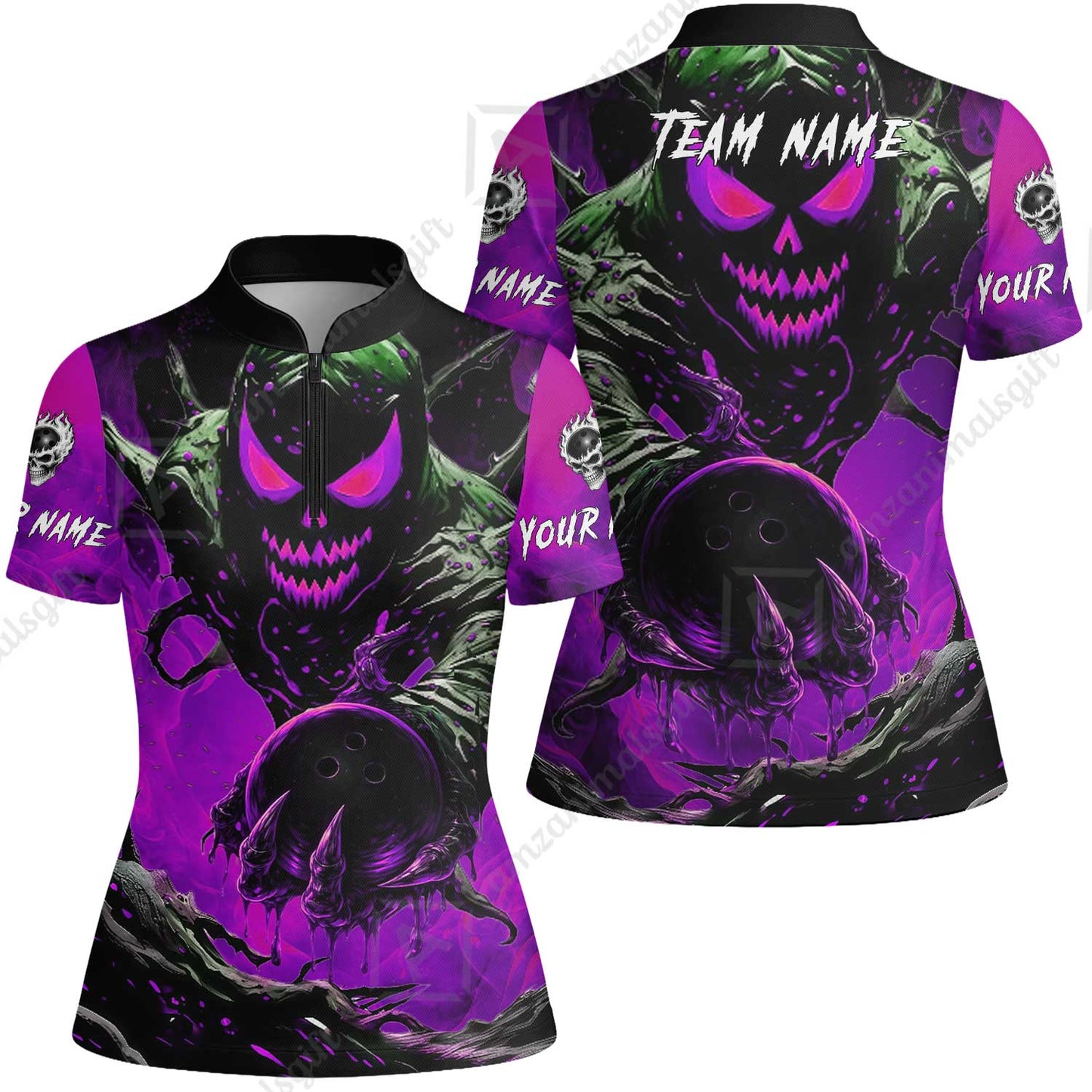 Custom Bowling Team Flat Neck Zip Jersey Shirt, Devil’s Strike Devil’s Strike Power Bowling Edition, Personalized Team Shirt with Custom Name