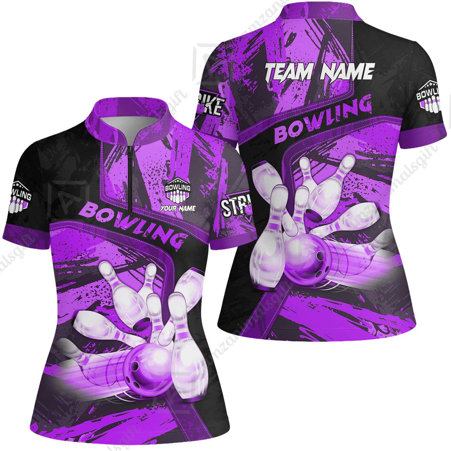 Custom Bowling Team Quater-Zip Polo Shirts, Bowling Uniforms Jerseys Brush Patterns, Multi Colors Personalized Name And Team Name