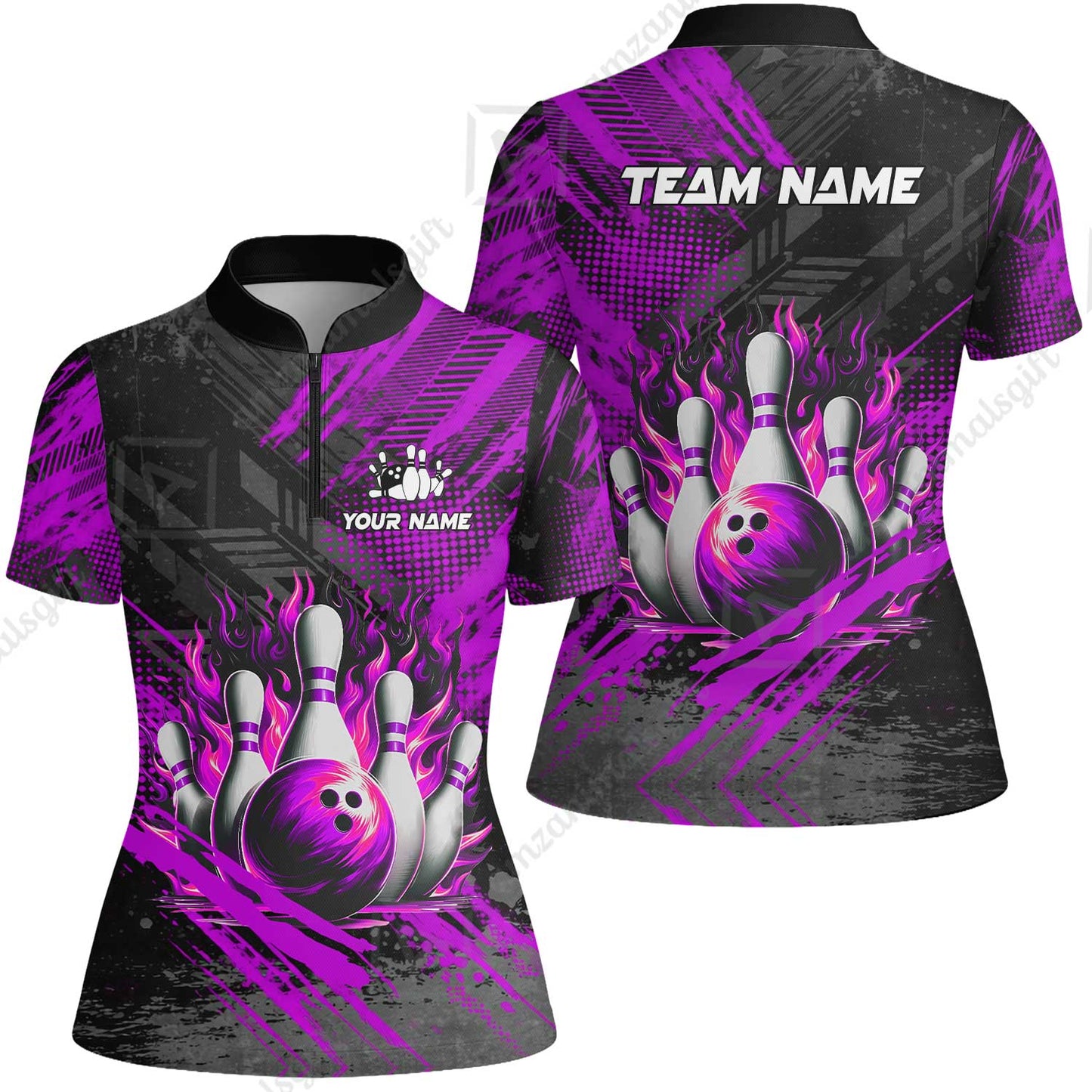 Custom Bowling Team Quarter-Zip Polo Shirt, Personalized Flame Bowling Jersey with Name & Team Name for Men & Women