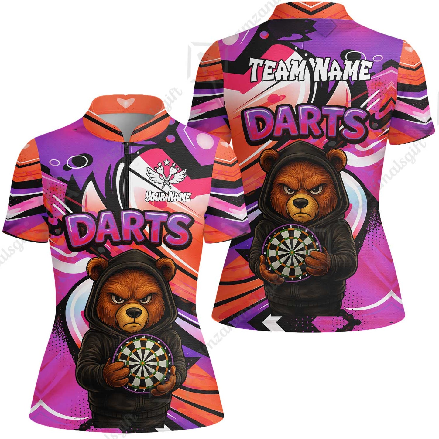 Customized Darts Team Uniform Shirt, Custom Darts Team Collar Quarter-Zip, Personalized Bear Darts Shirt with Name & Team Name