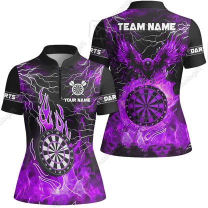Custom Darts Team Jersey, Dartboard Fire Flame Custom Eagle Darts Jersey Polo Quarter-Zip Shirts, Custom Name And Team Name Darts Uniforms Jersey