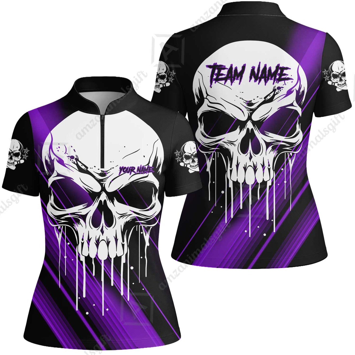 Customized Bowling Polo, Blue Skull Bowling Creepy Style Bowling jerseys Custom Name And Team Shirt
