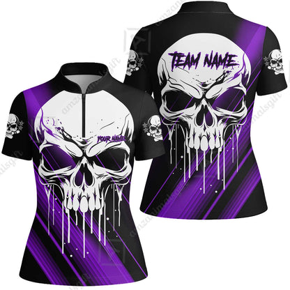 Customized Bowling Polo, Blue Skull Bowling Creepy Style Bowling jerseys Custom Name And Team Shirt