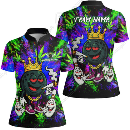 Custom Bowling Team Flat Neck Zip Jersey Shirt, King Smoke Tie-Dye Personalized Team Shirt, Custom Name and Team Name for Bowlers