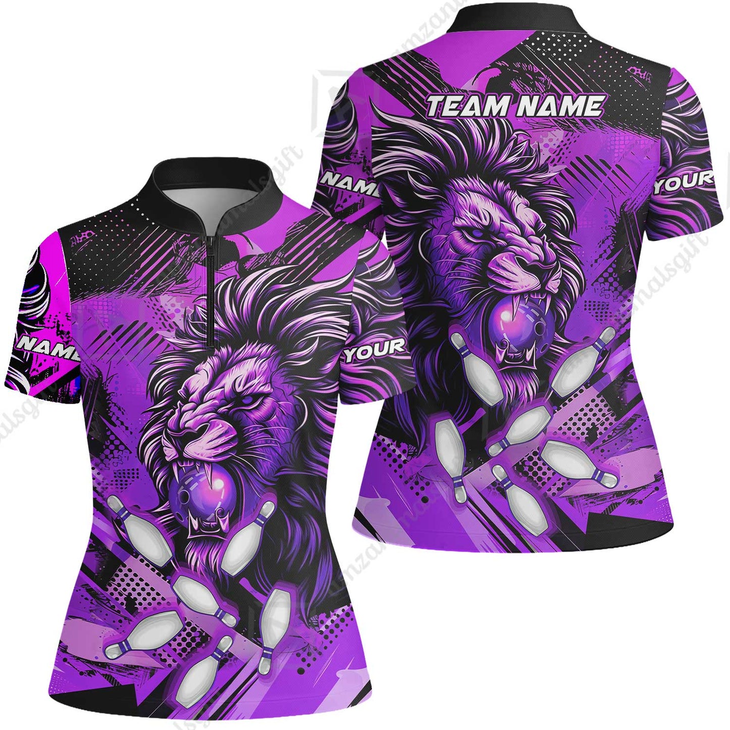 Custom Bowling Team Jerseys Shirts, Bowling uniforms Ball & Pins Lion Pattern Personalized Name And Team Name