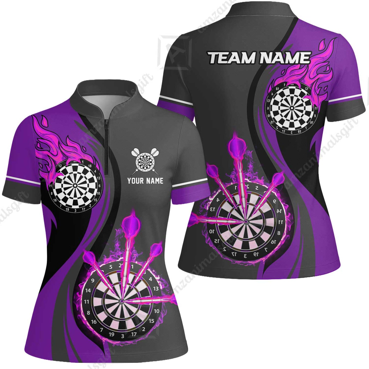 Custom Tailored Fire Flames Darts Team Jersey Polo Quarter-Zip Shirts, Customized Name Team Name Darts Team Jerseys Uniform
