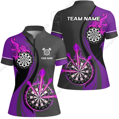 Custom Tailored Fire Flames Darts Team Jersey Polo Quarter-Zip Shirts, Customized Name Team Name Darts Team Jerseys Uniform