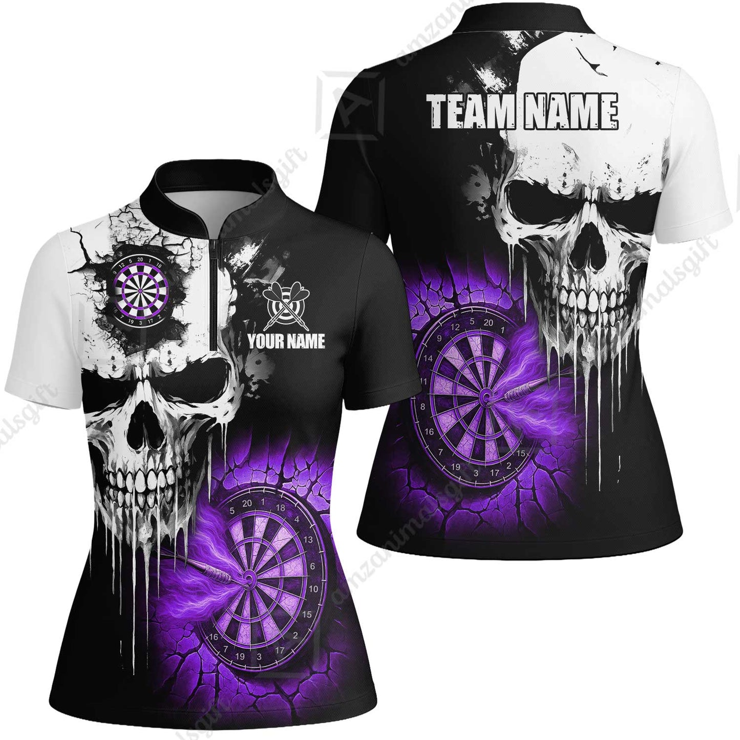 Custom Grunge Skull Crack Wall Darts Team Women Jersey Shirt, Customized Name Team Name Darts Polo Team Jerseys Uniform