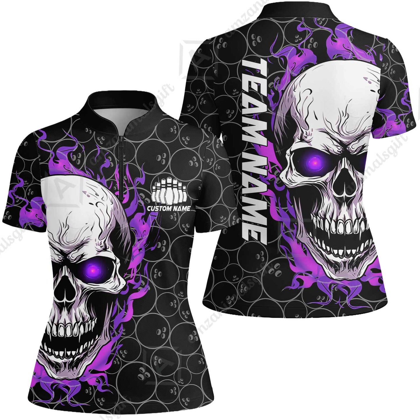 Personalized Bowling Unisex Polo Shirt, Green Flaming Skull Shirt For For Team Men Women Bowlers