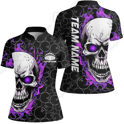 Personalized Bowling Unisex Polo Shirt, Green Flaming Skull Shirt For For Team Men Women Bowlers