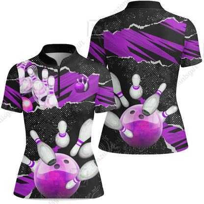Personalized Bowling Team Women Jersey Shirt, Bowling Uniforms Ball & Pins Sport Pattern Custom Name And Team Name