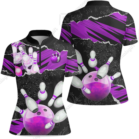 Personalized Bowling Team Women Jersey Shirt, Bowling Uniforms Ball & Pins Sport Pattern Custom Name And Team Name