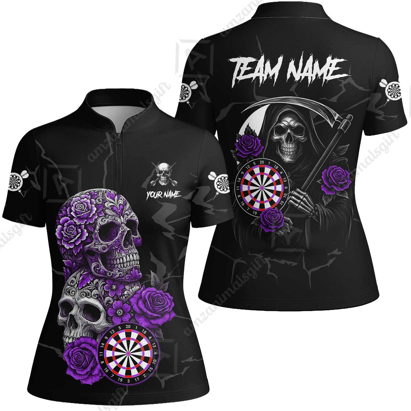 Customized Darts Women Jersey Shirt, Darts Turquoise Skull Roses Dartboard Women Polo Shirt Style Jersey for Darts Players