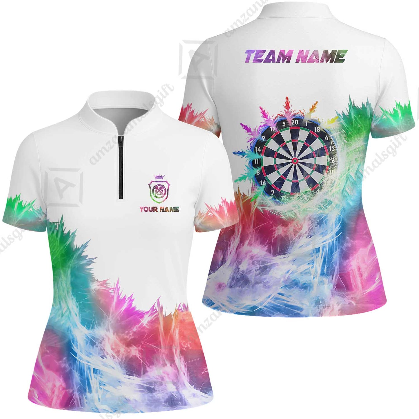 Customized Darts Women Jersey Shirt, Darts Icy Light White And Multi Color Team Women Jersey Shirt Jersey For Darts Player