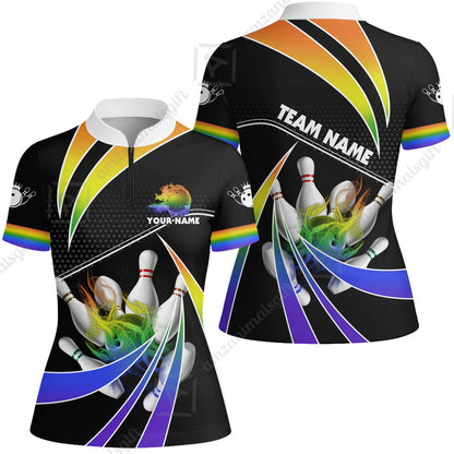 Customized Bowling Women Jersey Shirt, Bowling Ball & Pins Fire Light Sport Women Jersey Shirt Multicolor Option For Bowlers