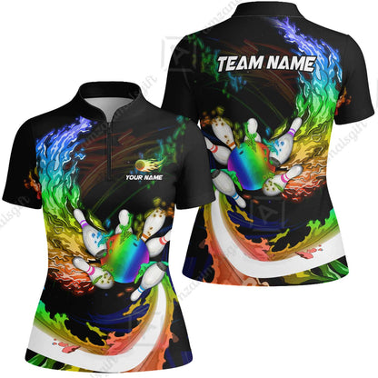 Personalized Bowling Women Jersey Shirt Breath Of Flaming Bowling Ball And Pins Multicolor Custom Name, Team Name For Bowlers