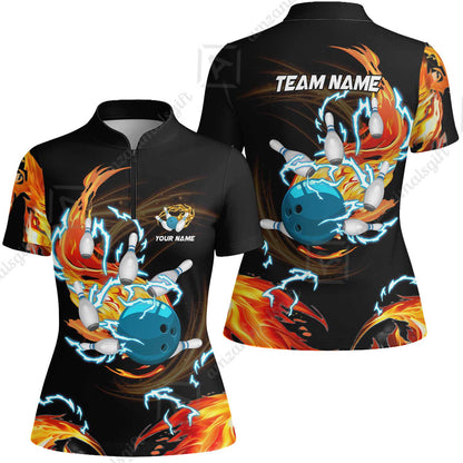 Customized Bowling Women Jersey Shirt, Bowling Ball & Pins Breath Of Thunder Flame Multicolor Option, Perfect Outfit For Bowlers