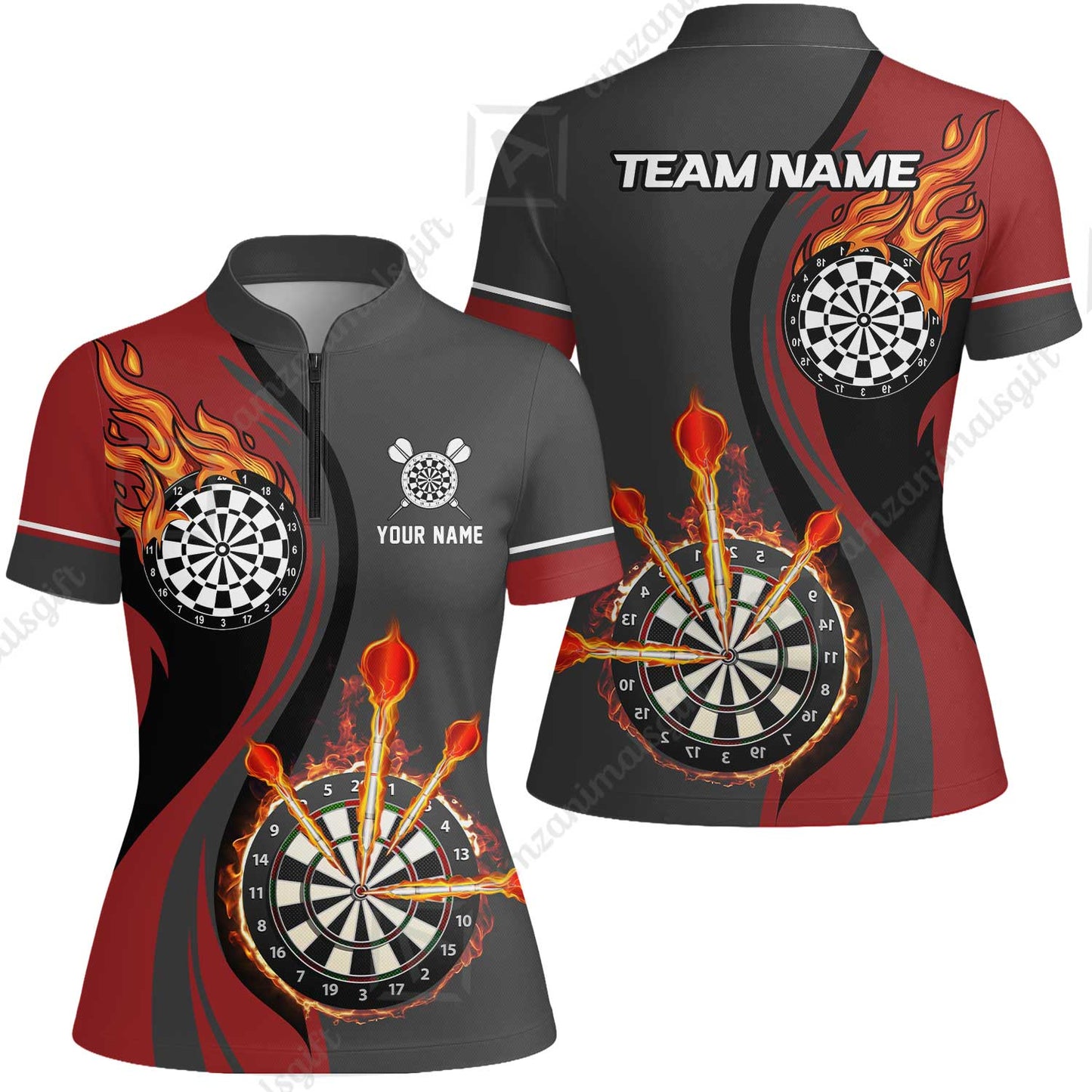 Custom Tailored Fire Flames Darts Team Jersey Polo Quarter-Zip Shirts, Customized Name Team Name Darts Team Jerseys Uniform