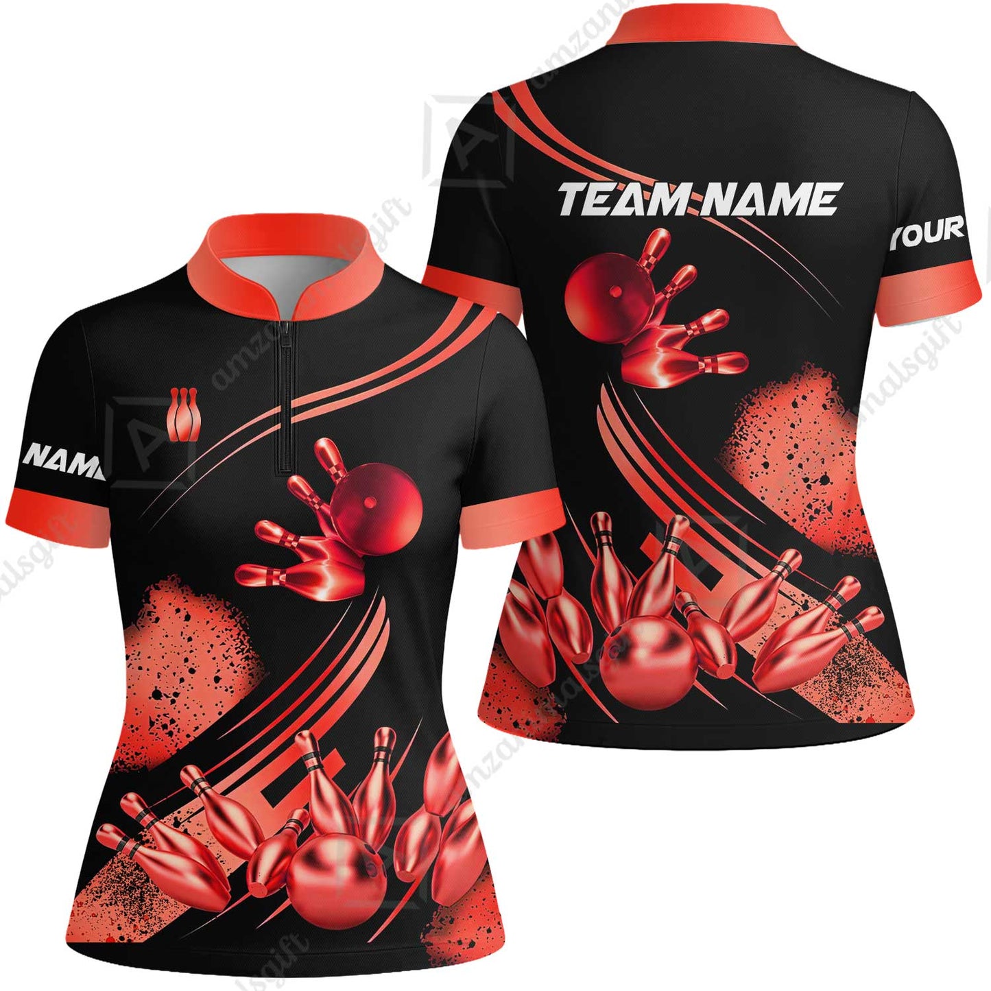 Custom Bowling Team Jerseys Polo Shirts, Bowling Uniforms Ball And Pins Ultimate Golden Multicolor Options Personalized Name And Team Name