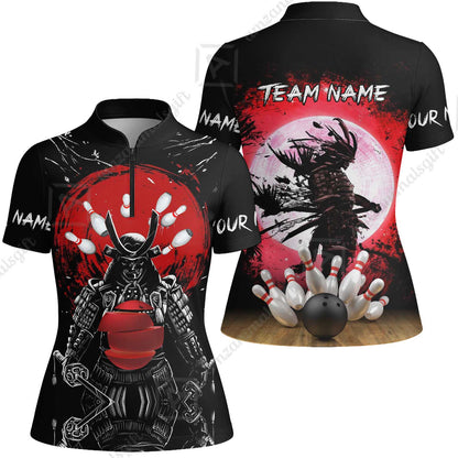 Custom Bowling Team Jerseys Polo Shirts, Bowling uniforms Ball And Pins Samurai Multicolor Options Personalized Name And Team Name