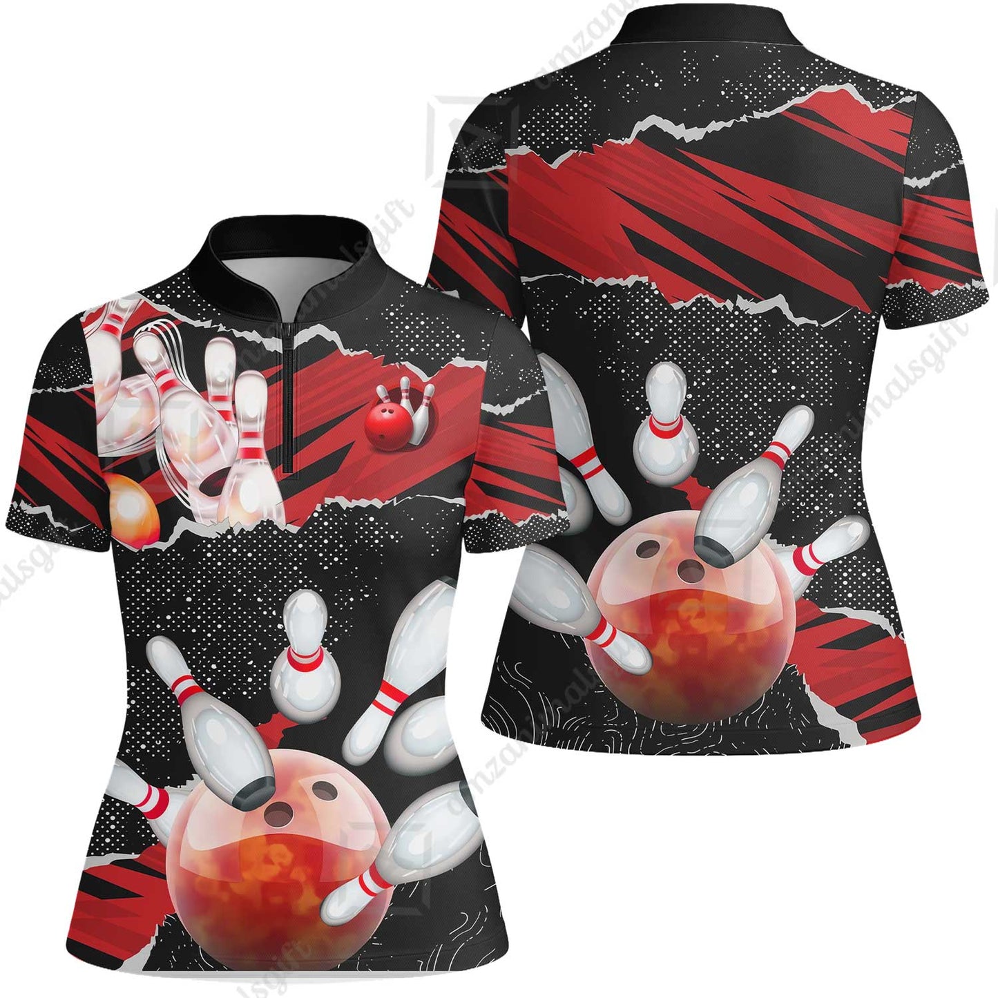 Personalized Bowling Team Women Jersey Shirt, Bowling Uniforms Ball & Pins Sport Pattern Custom Name And Team Name
