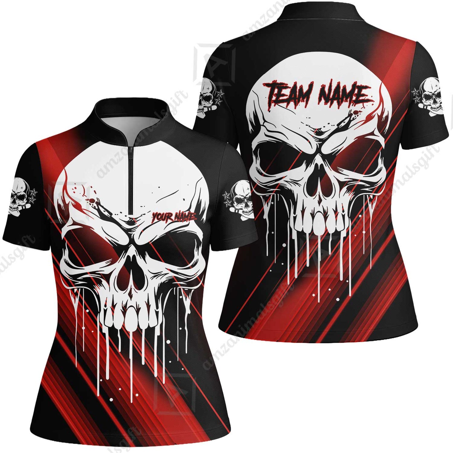 Customized Bowling Polo, Blue Skull Bowling Creepy Style Bowling jerseys Custom Name And Team Shirt