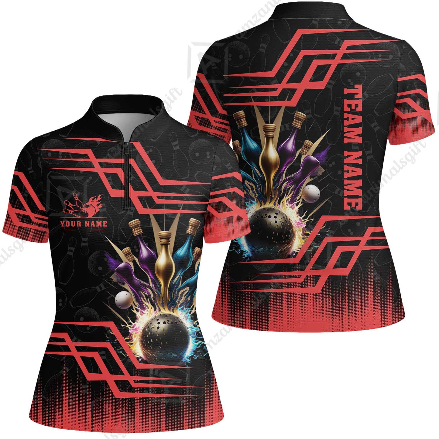 Customized Bowling Unisex Polo, Bowling And Pins Royal Multicolor Option Customized Name And Team Name For Bowling Team