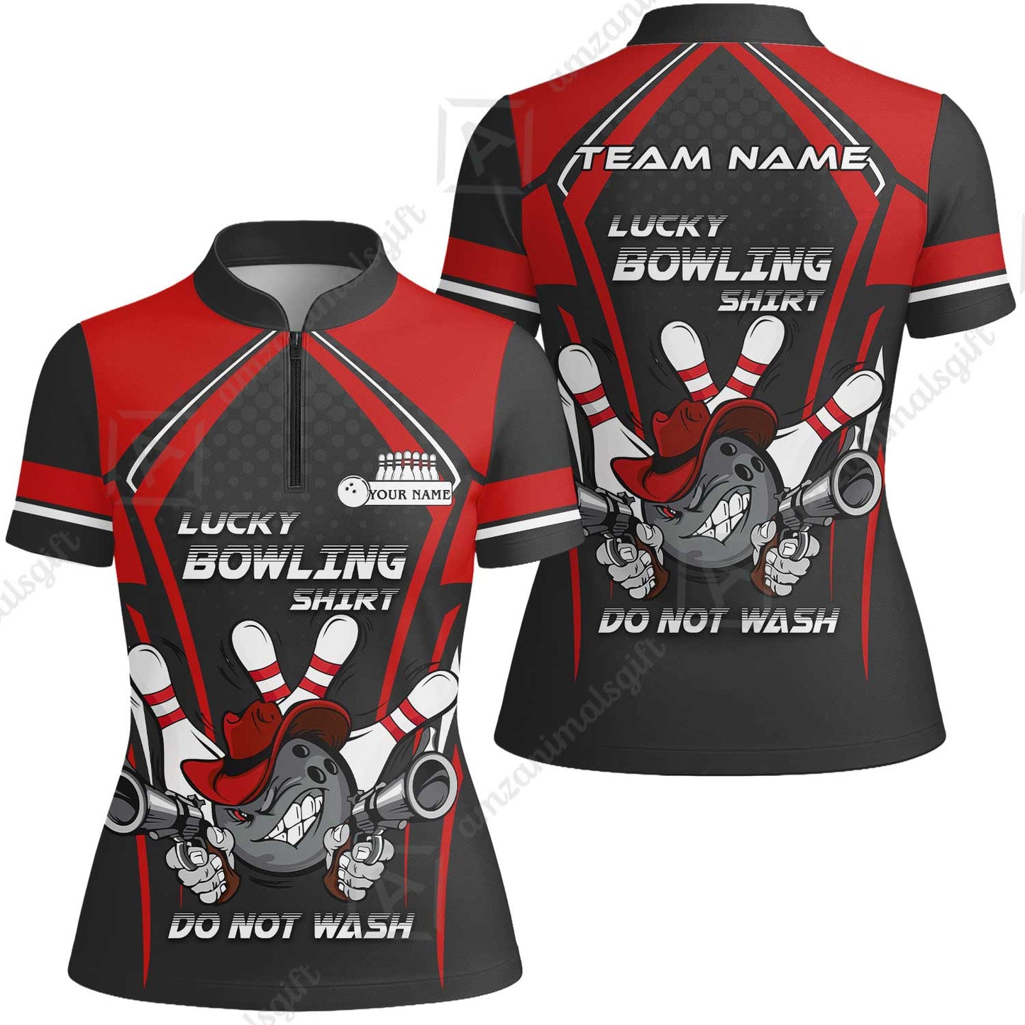 Customized Bowling Team Women Jersey Shirt, Lucky Bowling Shirt Do Not Wash Bowling Ball Aiming Guns, Personalized Name Bowling Shirt