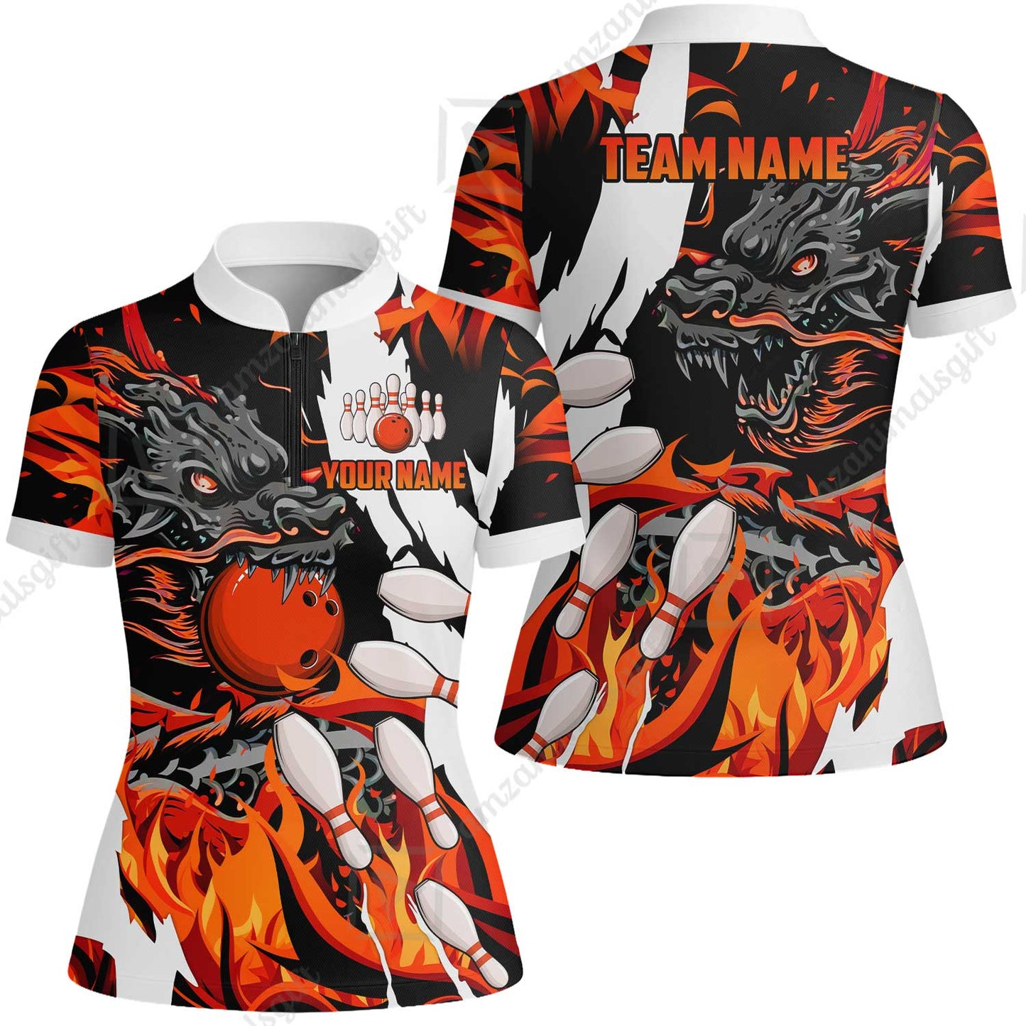 Custom Bowling Team Women Jersey Shirt, Bowling uniforms Ball & Pins Dragon Flame Pattern Personalized Name And Team Name