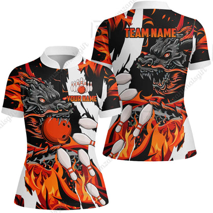 Custom Bowling Team Women Jersey Shirt, Bowling uniforms Ball & Pins Dragon Flame Pattern Personalized Name And Team Name