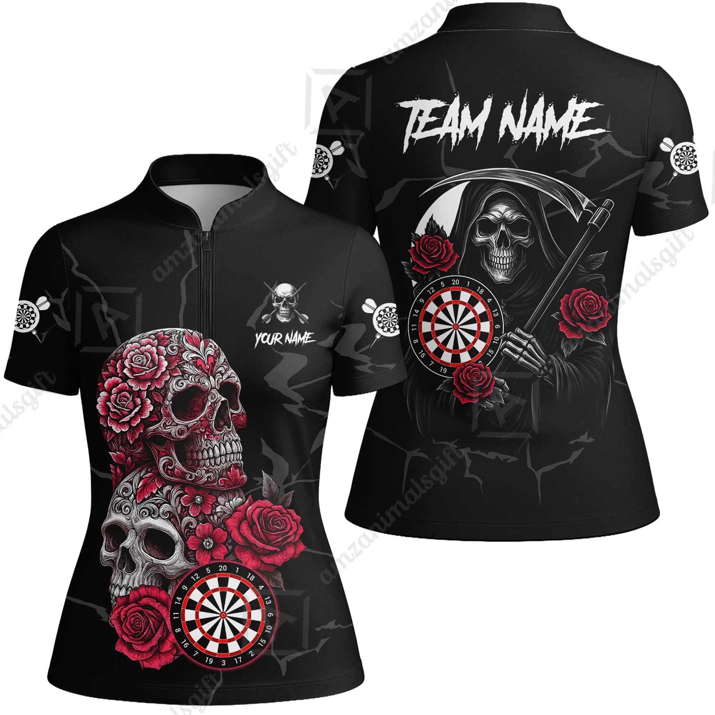 Customized Darts Women Jersey Shirt, Darts Turquoise Skull Roses Dartboard Women Polo Shirt Style Jersey for Darts Players