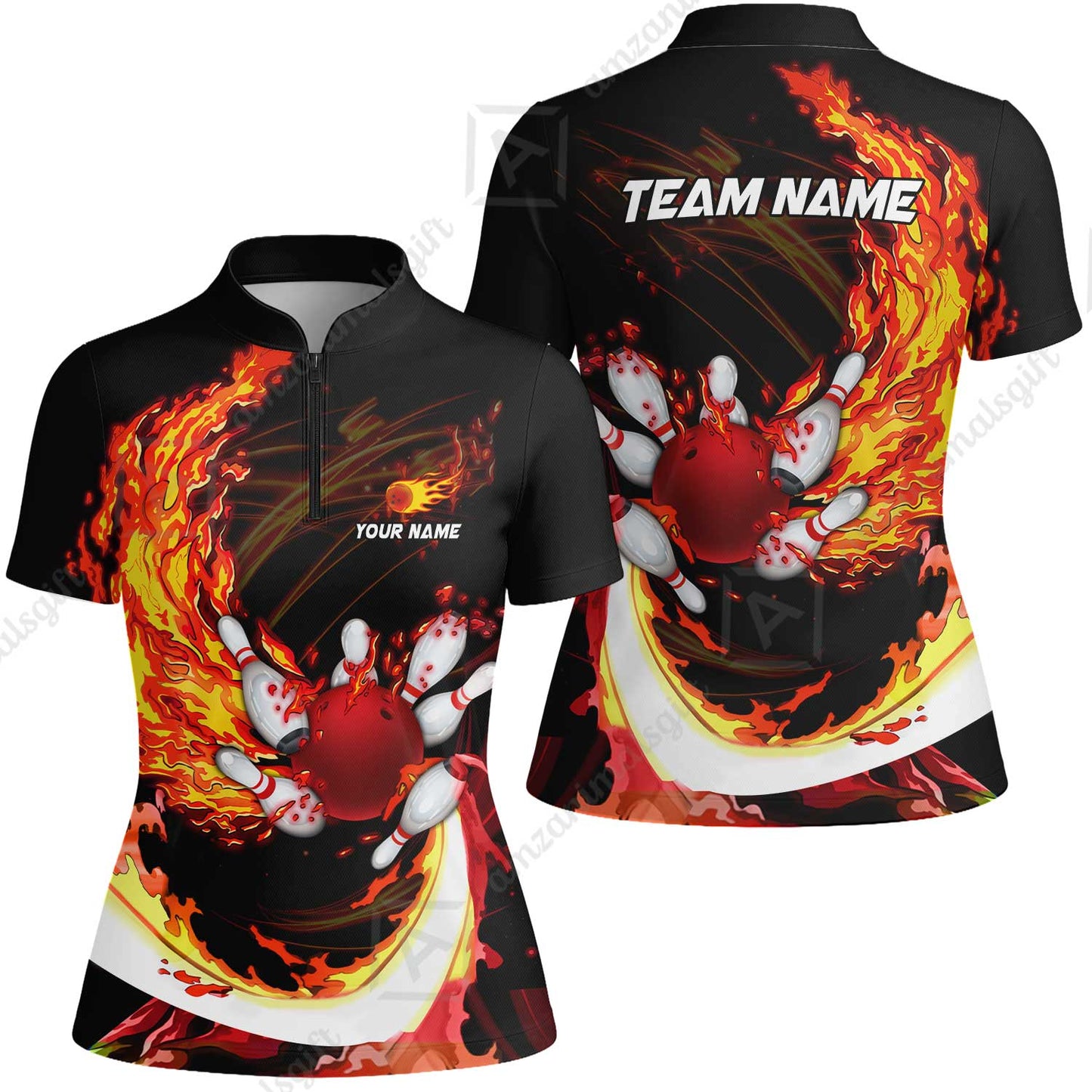 Customized Bowling Polo Team Jerseys, Breath Of Fire Bowling And Pins Multicolor Option Customized Name And Team Name For Bowling Team