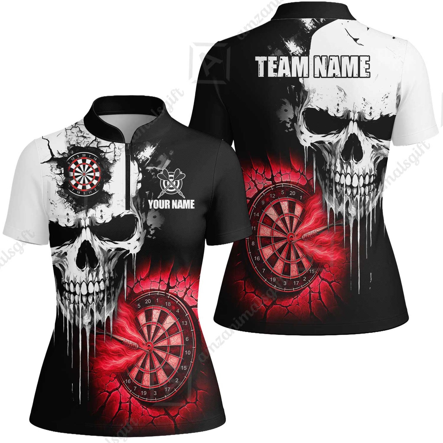 Custom Grunge Skull Crack Wall Darts Team Women Jersey Shirt, Customized Name Team Name Darts Polo Team Jerseys Uniform