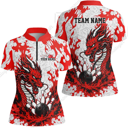 Custom Bowling Jersey Polo Shirt, Fierce Crimson Fire Dragon Strike, Custom Bowling Jersey Team Shirt For Players With Name and Team Name