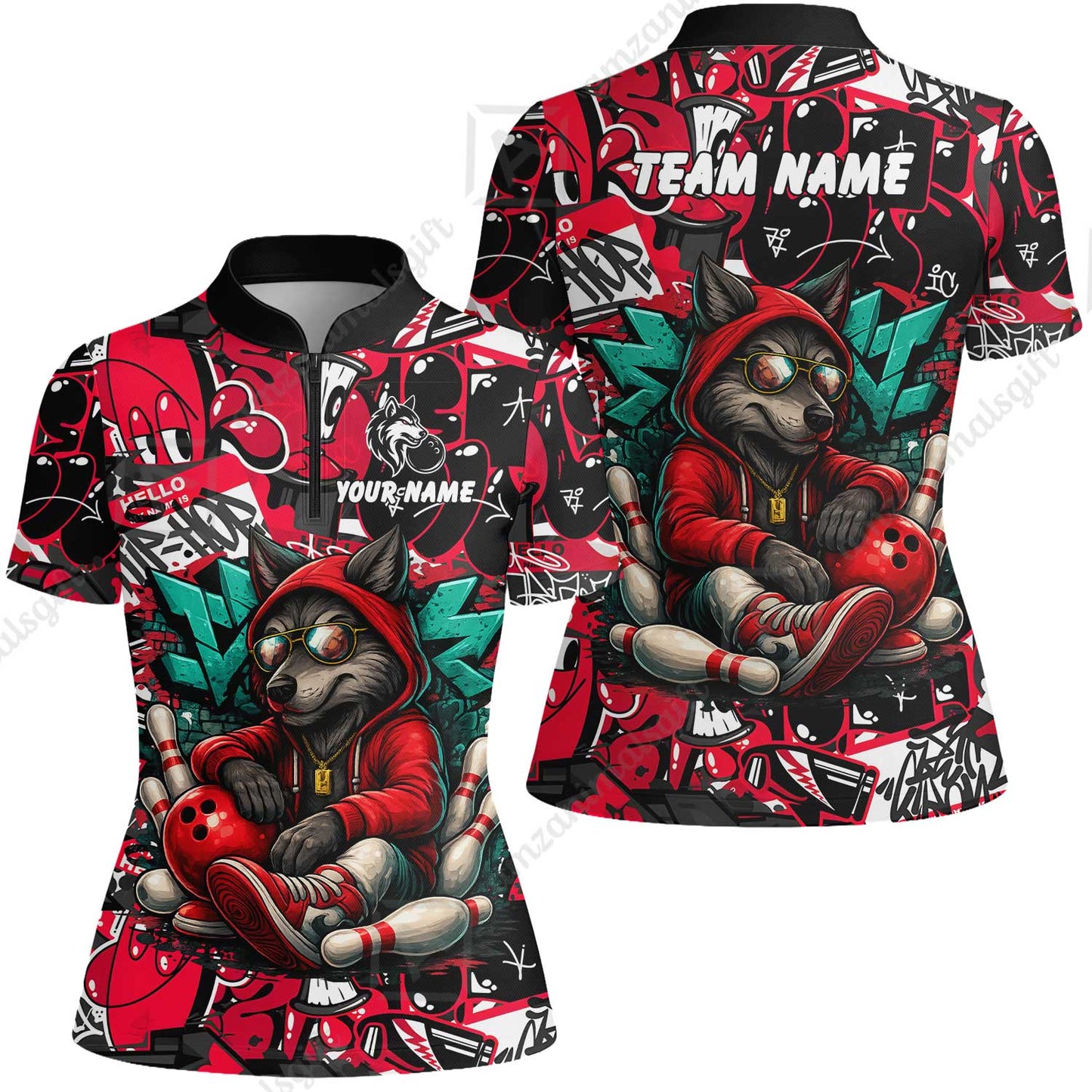 Custom Bowling Jersey Polo Shirt, Badass Wolf Mascot Bowling, Custom Bowling Jersey Team Shirt For Players With Name & Team Name