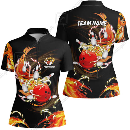 Customized Bowling Women Jersey Shirt, Bowling Ball & Pins Breath Of Thunder Flame Multicolor Option, Perfect Outfit For Bowlers