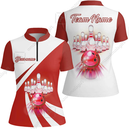 Bowling Customized Jersey White Red Shirt Rolling Bowling Tenpin Quarter Zip Shirt, Outfit For Bowlers, Bowling Team