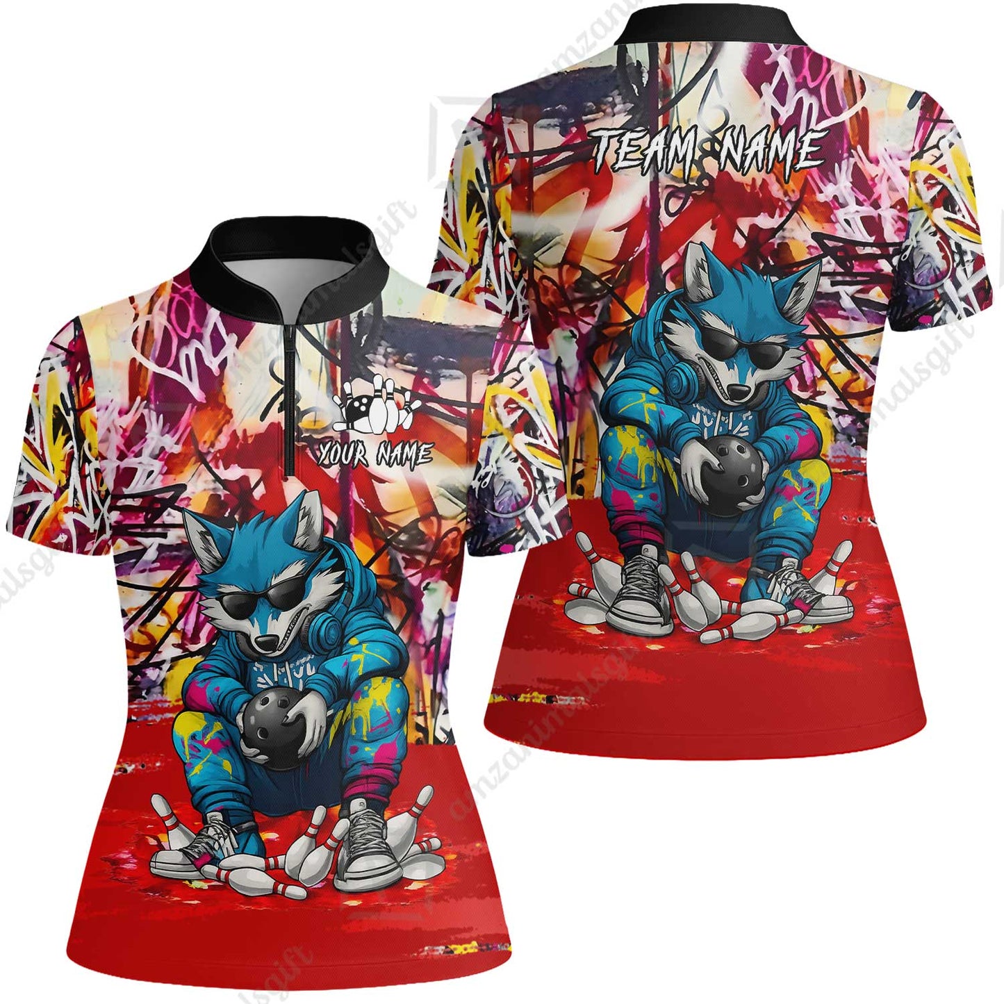 Custom Streetwear Wolf Bowling Jersey Polo Shirt, Custom Streetwear Wolf Bowling Jersey Team Shirt For Players With Name & Team Name