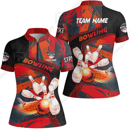 Custom Bowling Team Quater-Zip Polo Shirts, Bowling Uniforms Jerseys Brush Patterns, Multi Colors Personalized Name And Team Name