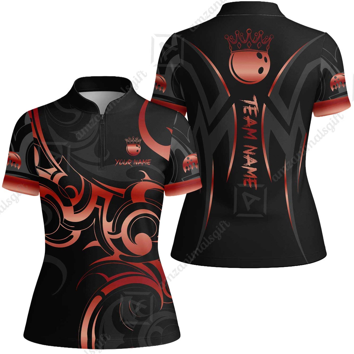 Customized Bowling Team Women Jersey Shirt, Bowling Swirling Fire Flames Gold And Black Style Polo Shirt For Bowlers