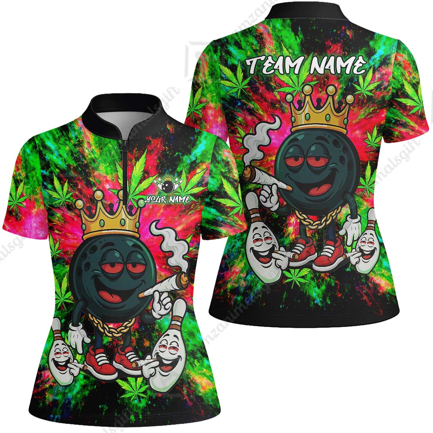 Custom Bowling Team Flat Neck Zip Jersey Shirt, King Smoke Tie-Dye Personalized Team Shirt, Custom Name and Team Name for Bowlers