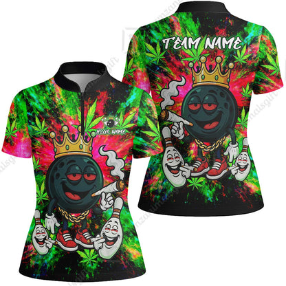 Custom Bowling Team Flat Neck Zip Jersey Shirt, King Smoke Tie-Dye Personalized Team Shirt, Custom Name and Team Name for Bowlers