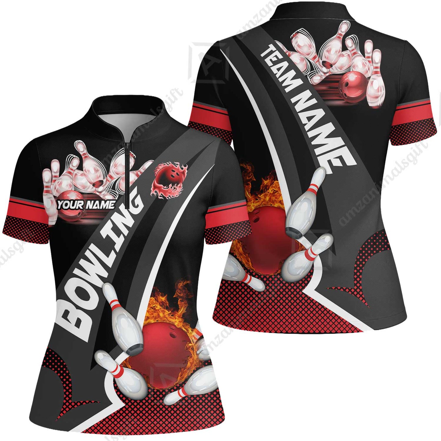 Customized Bowling Polo, Bowling And Pins Plame Premium Multicolor Option Personalized Name And Team Zipper Polo Jerseys Shirts
