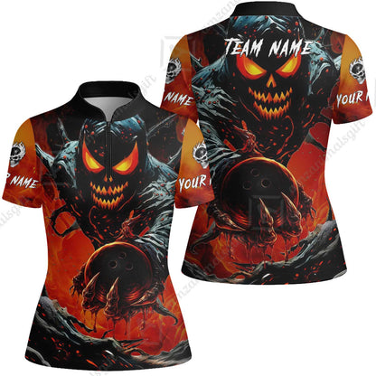 Custom Bowling Team Flat Neck Zip Jersey Shirt, Devil’s Strike Devil’s Strike Power Bowling Edition, Personalized Team Shirt with Custom Name