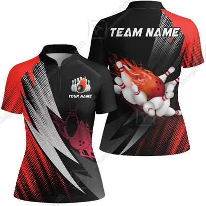 Customized Bowling Women Jersey Shirt, Bowling Ball And Pins Thunder Polka Dot Motifs Multicolor Option Customized Name And Team Polo Shirts