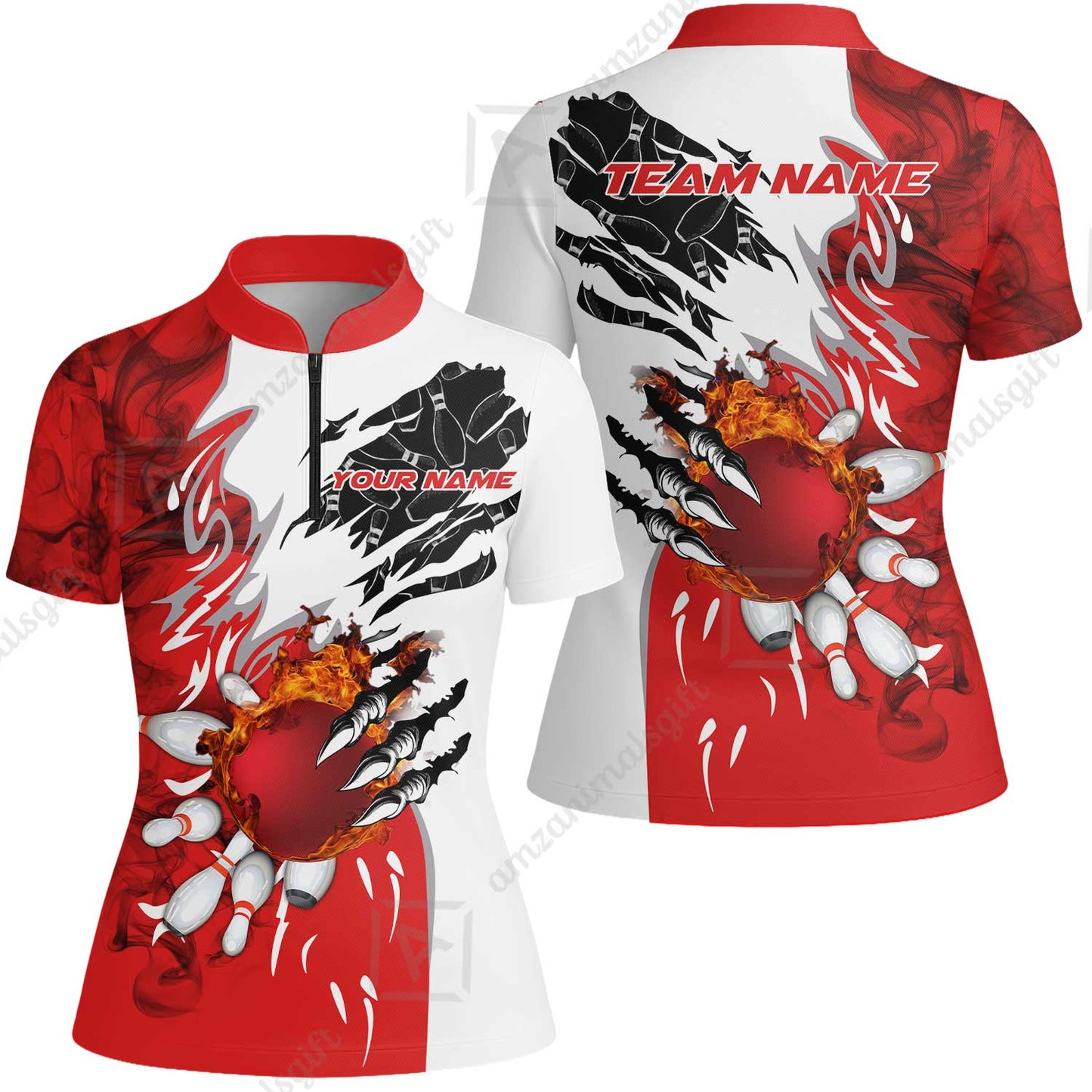 Customized Bowling Women Jersey Shirt, Bowling And Pins Plame Monster Hand Premium Multicolor Option Personalized Name And Team Zipper Polo Jerseys Shirts