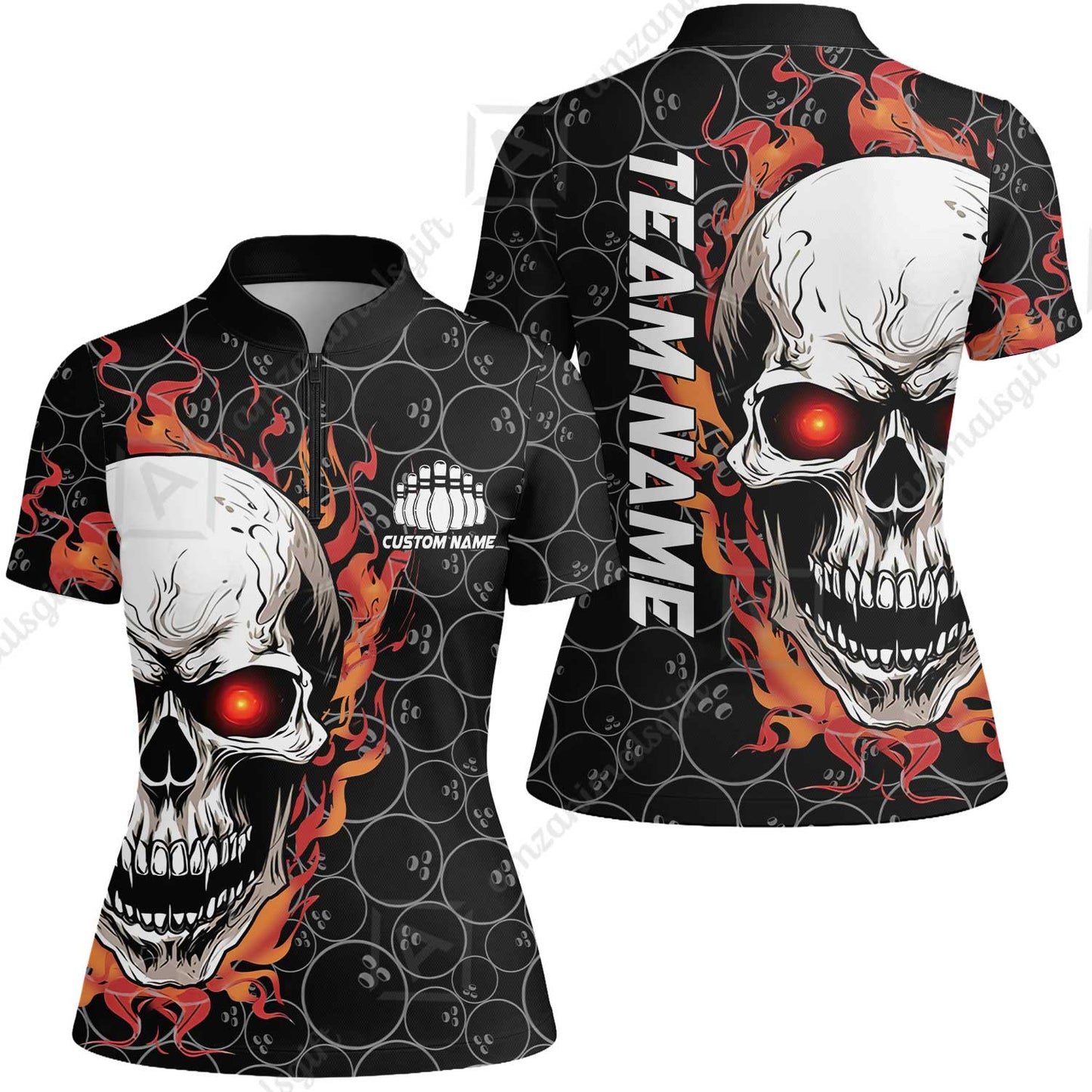 Personalized Bowling Unisex Polo Shirt, Green Flaming Skull Shirt For For Team Men Women Bowlers