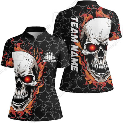 Personalized Bowling Unisex Polo Shirt, Green Flaming Skull Shirt For For Team Men Women Bowlers
